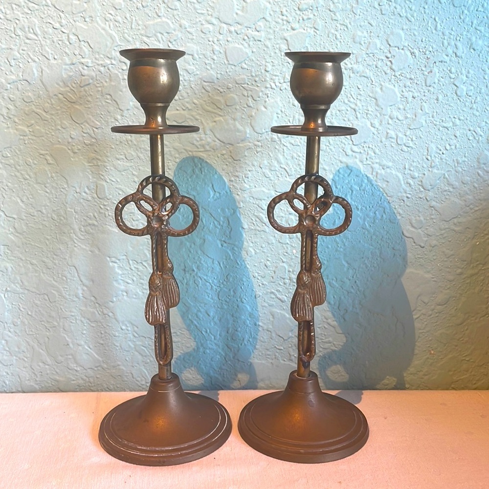 Vintage Brass Trinity Rope Candlesticks